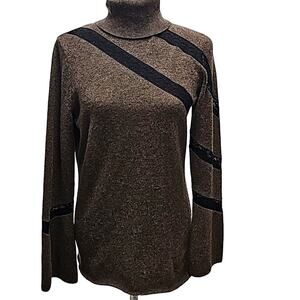Sophiacashmere Women 100% Cashmere Lightweight Brown w/Black Lace Sweater Size M
